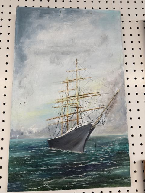 Oil painting of a three-masted clipper ship at sea