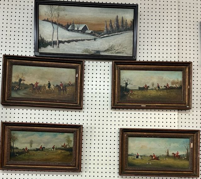 Four framed English fox hunt oil paintings and a signed winter farm landscape