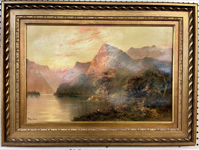 Signed oil painting of a Highland loch at sunset in a gilt rope frame