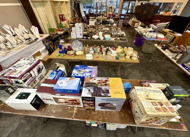 Jewelry displays and tables of boxed small appliances