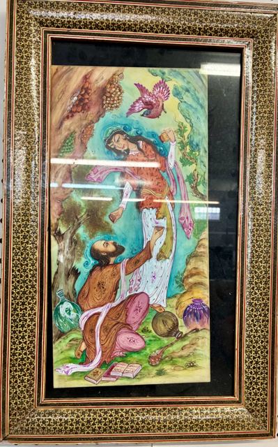 Persian miniature painting in a khatam inlaid frame