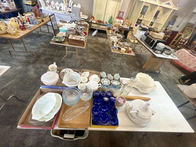 Pyrex casseroles, cobalt glasses, milk glass and a tureen