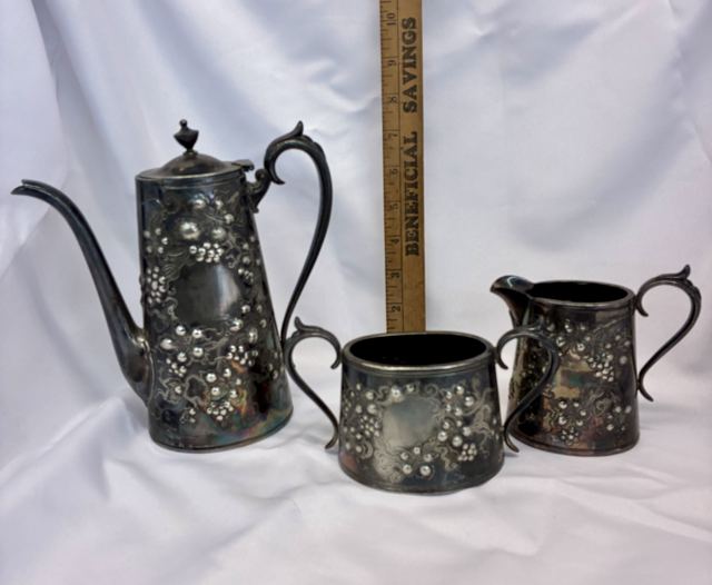 Victorian silverplate coffee pot, sugar and creamer with grape repousse