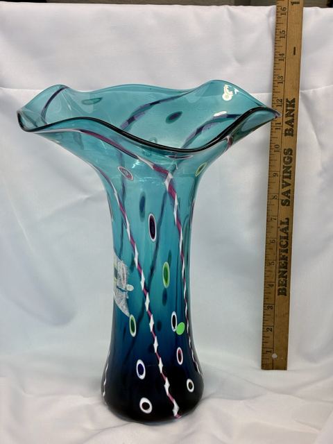 Tall teal ruffled art glass vase with murrine dots