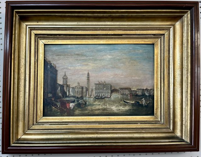 Oil painting of the Grand Canal in Venice with gondolas in a deep gilt frame