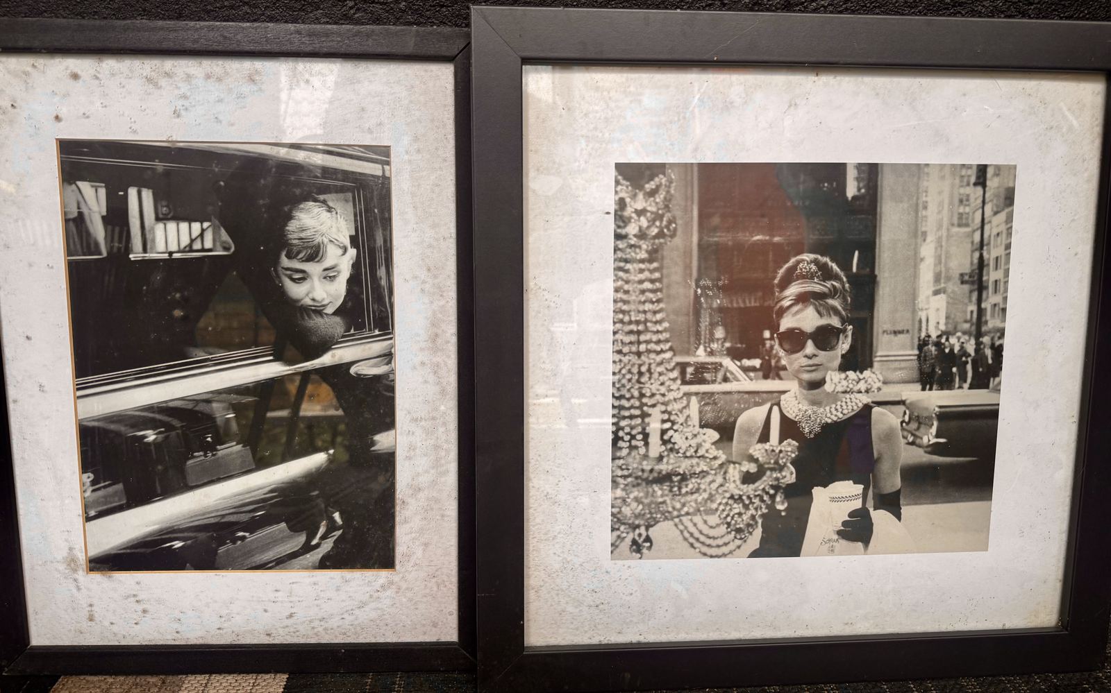 Pair of framed black and white Audrey Hepburn film stills