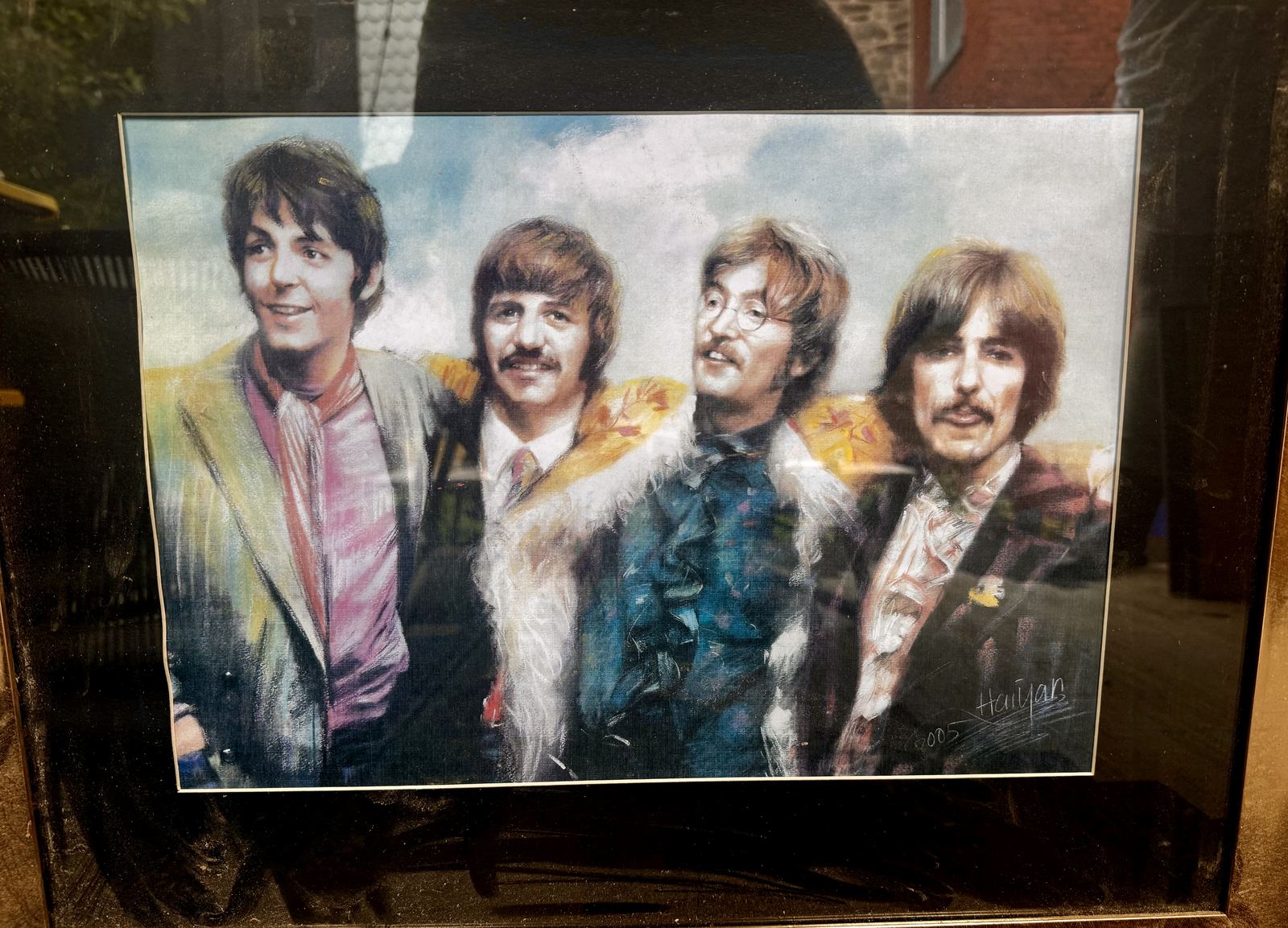 Signed pastel portrait of the Beatles in Sgt. Pepper uniforms, dated 2005