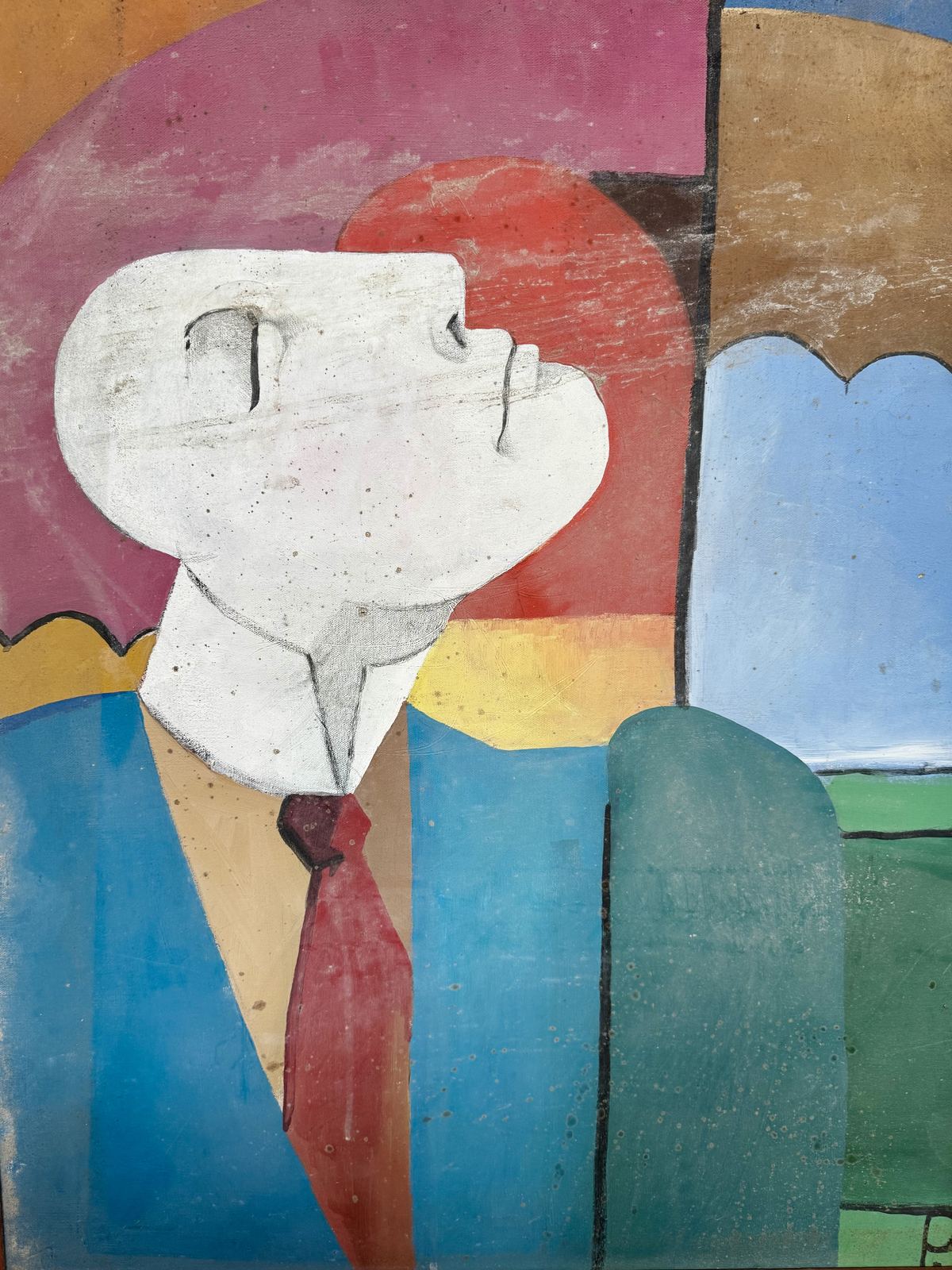 Cubist-style oil portrait, man in blue suit and red tie