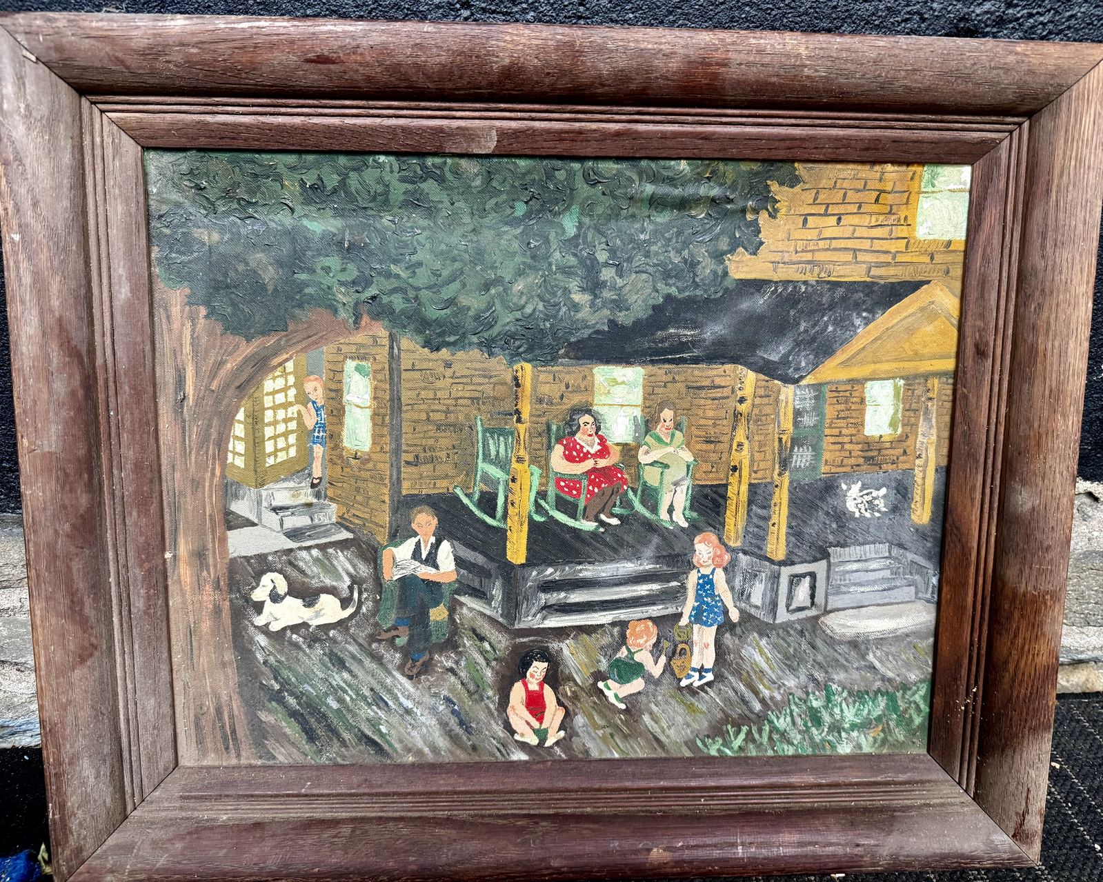 Folk art oil painting of a family on a front porch, dog at their feet