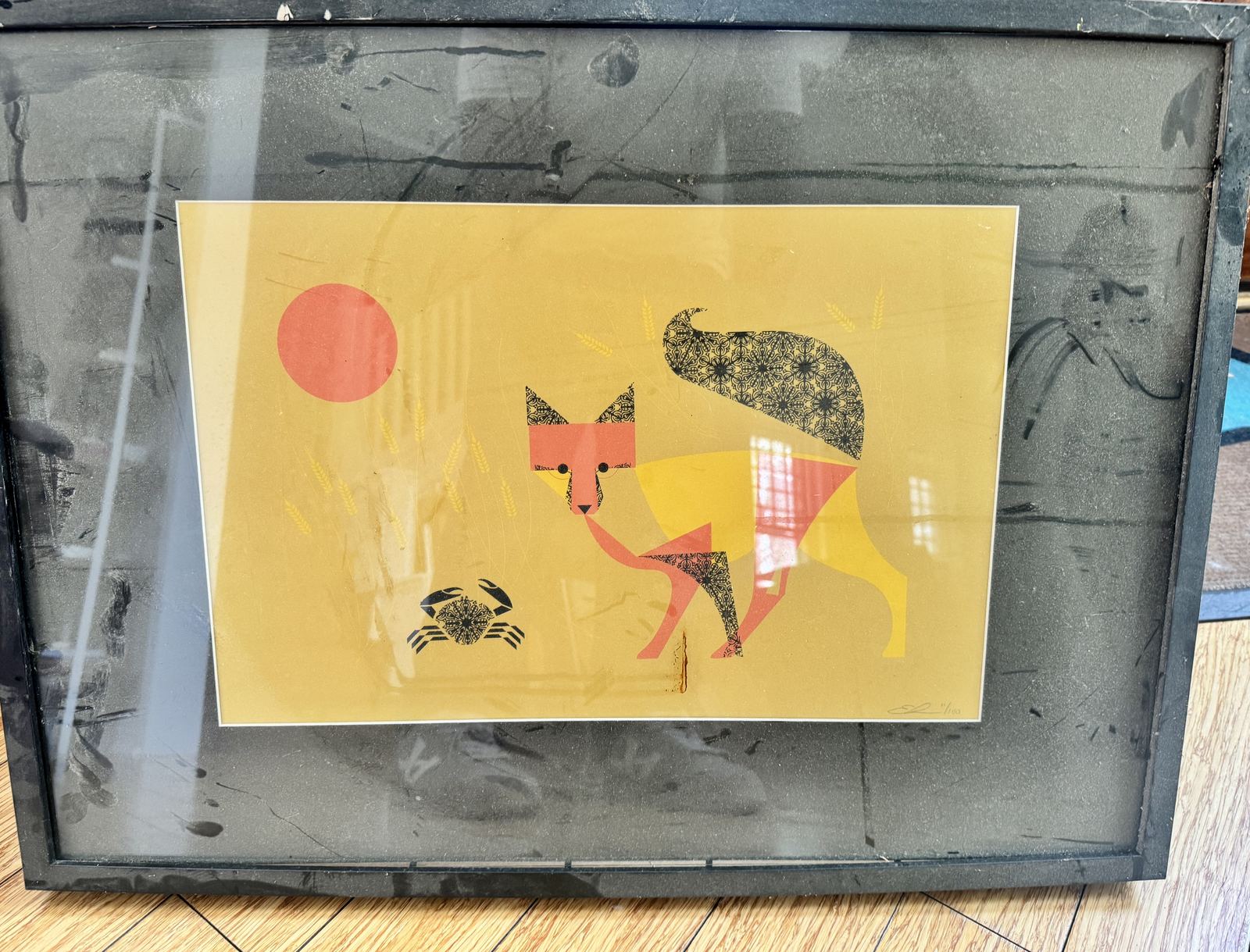 Framed geometric fox-and-crab serigraph, signed and numbered 100