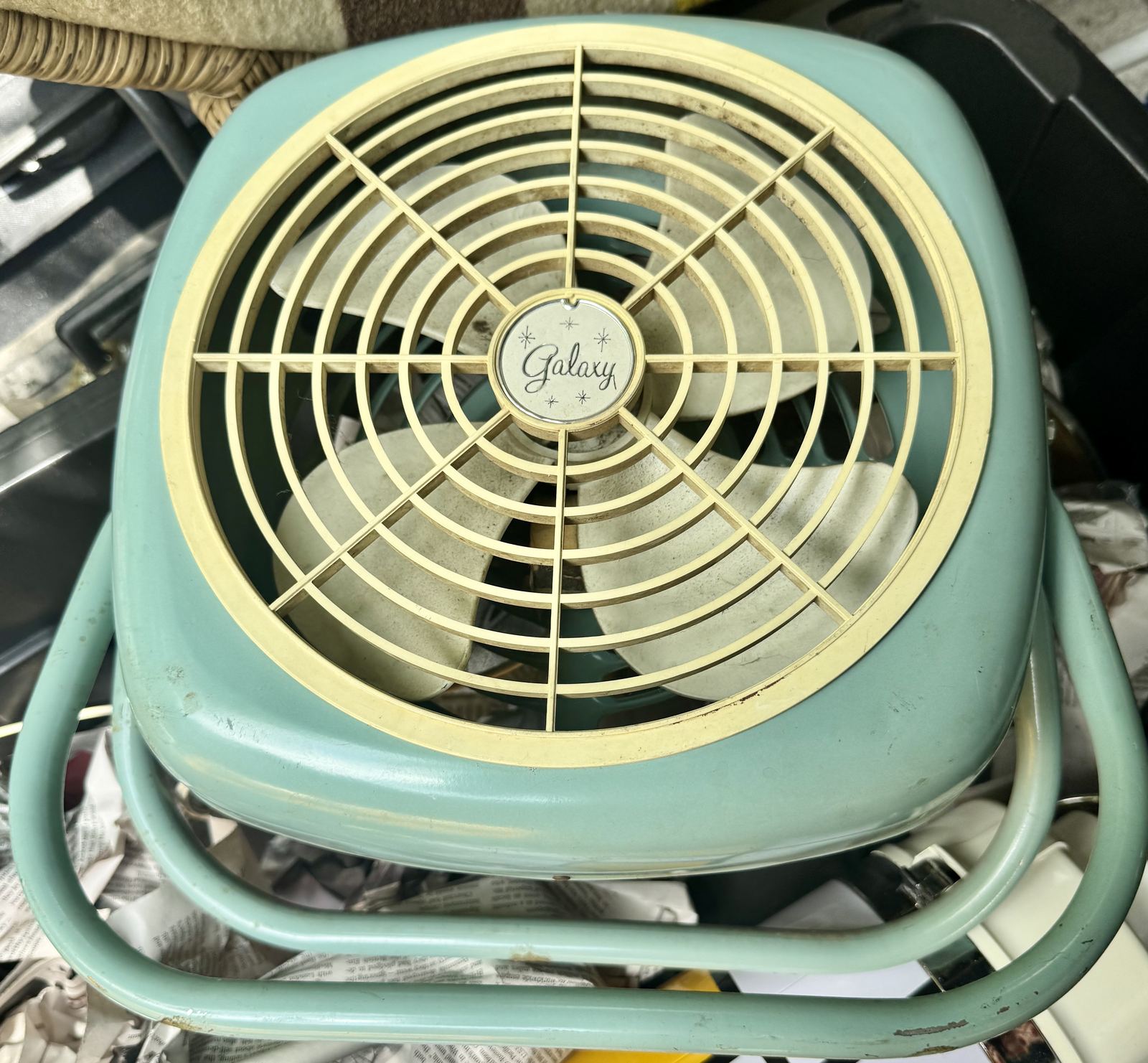 Galaxy brand turquoise mid-century electric fan