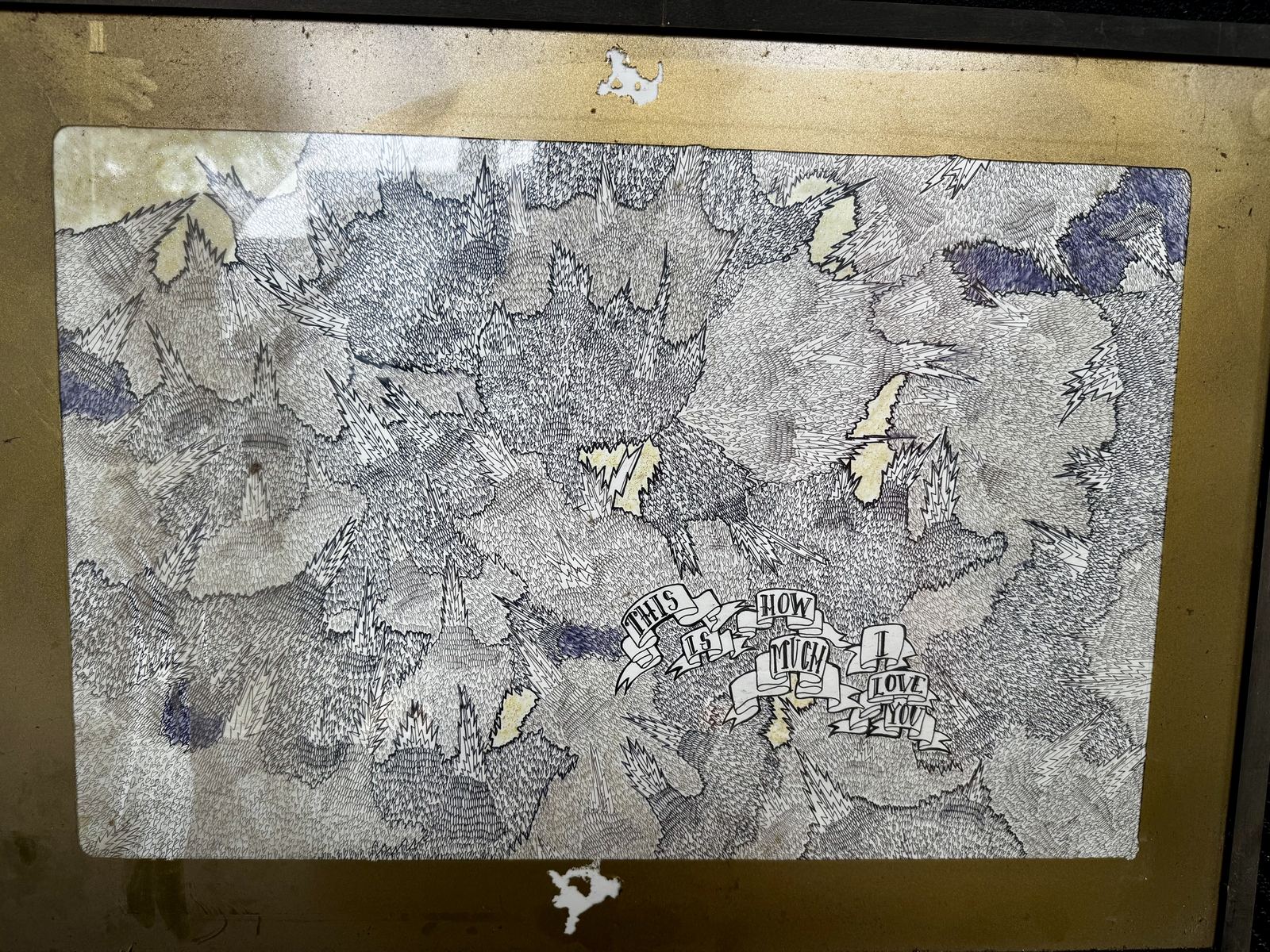 Dense pen-and-ink drawing with “This Is How Much I Love You” banner