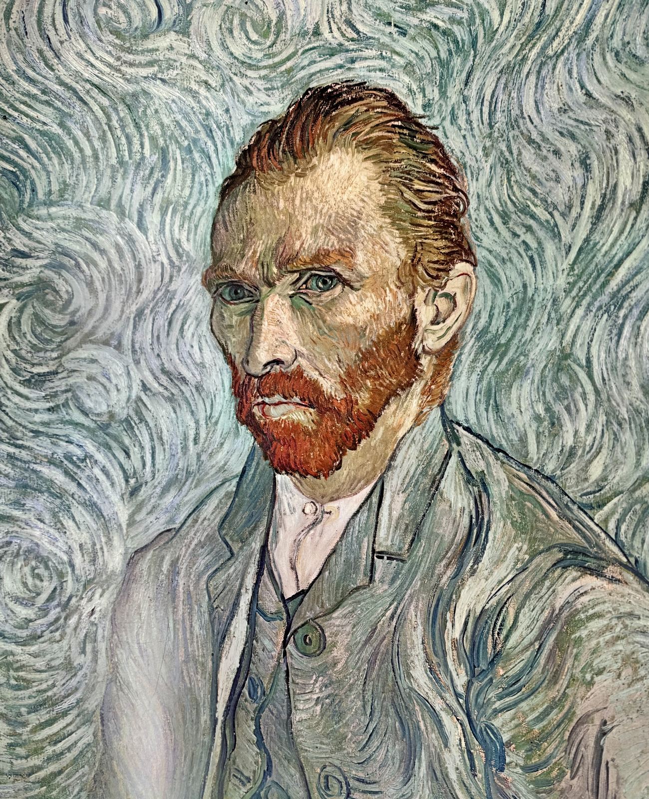 Van Gogh self-portrait reproduction, swirling blue background